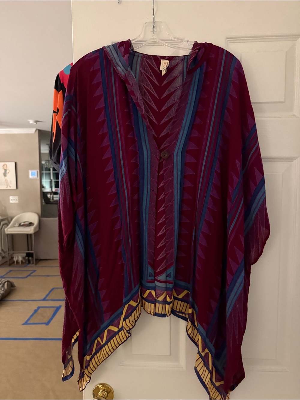 RAGA Burgundy Hooded Poncho with Blue and Yellow Accents